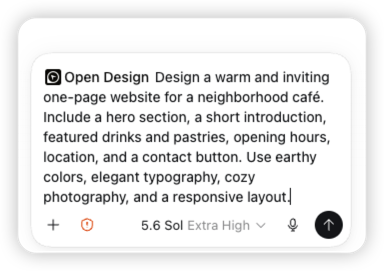 OpenDesign’dan sıcak ve samimi bir mahalle kafesi web sitesi oluşturmasını isteyen gerçek bir Codex istemi