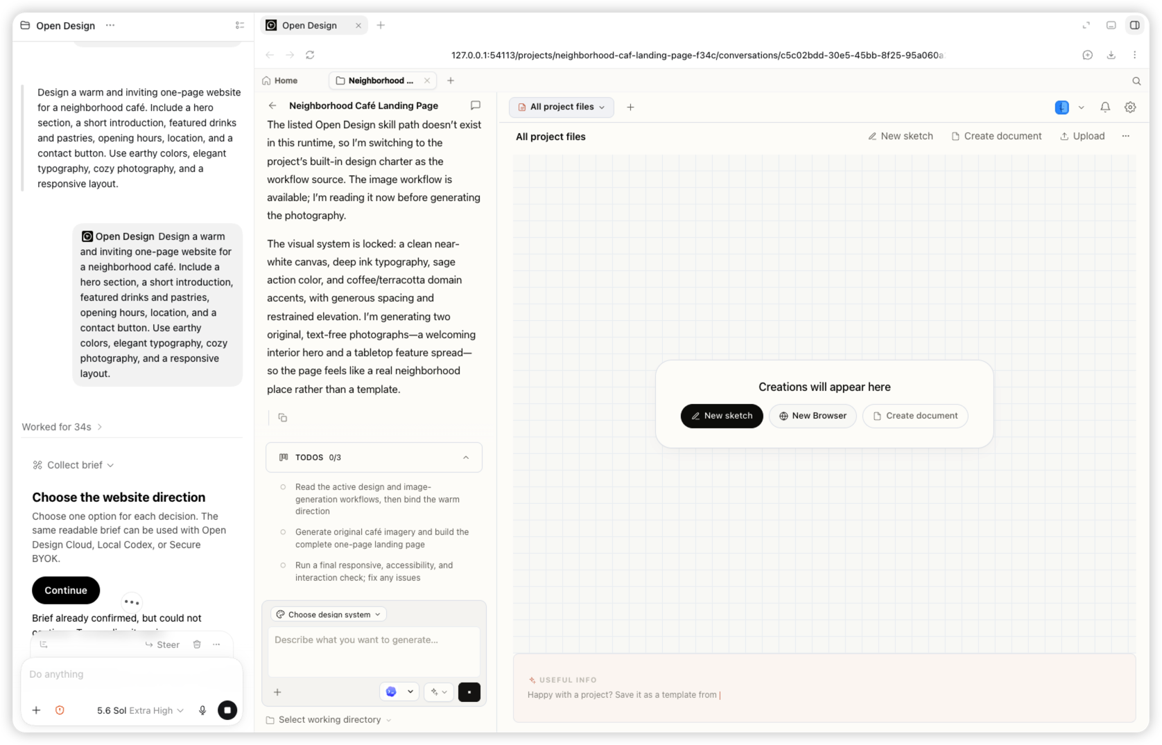 Mahalle kafesi web sitesi oluşturulurken görünen gerçek Codex ve OpenDesign çalışma alanı