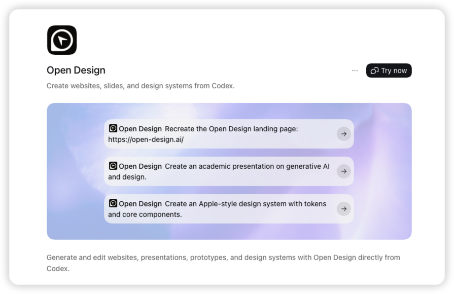 Codex içindeki gerçek OpenDesign eklentisi ayrıntı ekranı ve Try now düğmesi