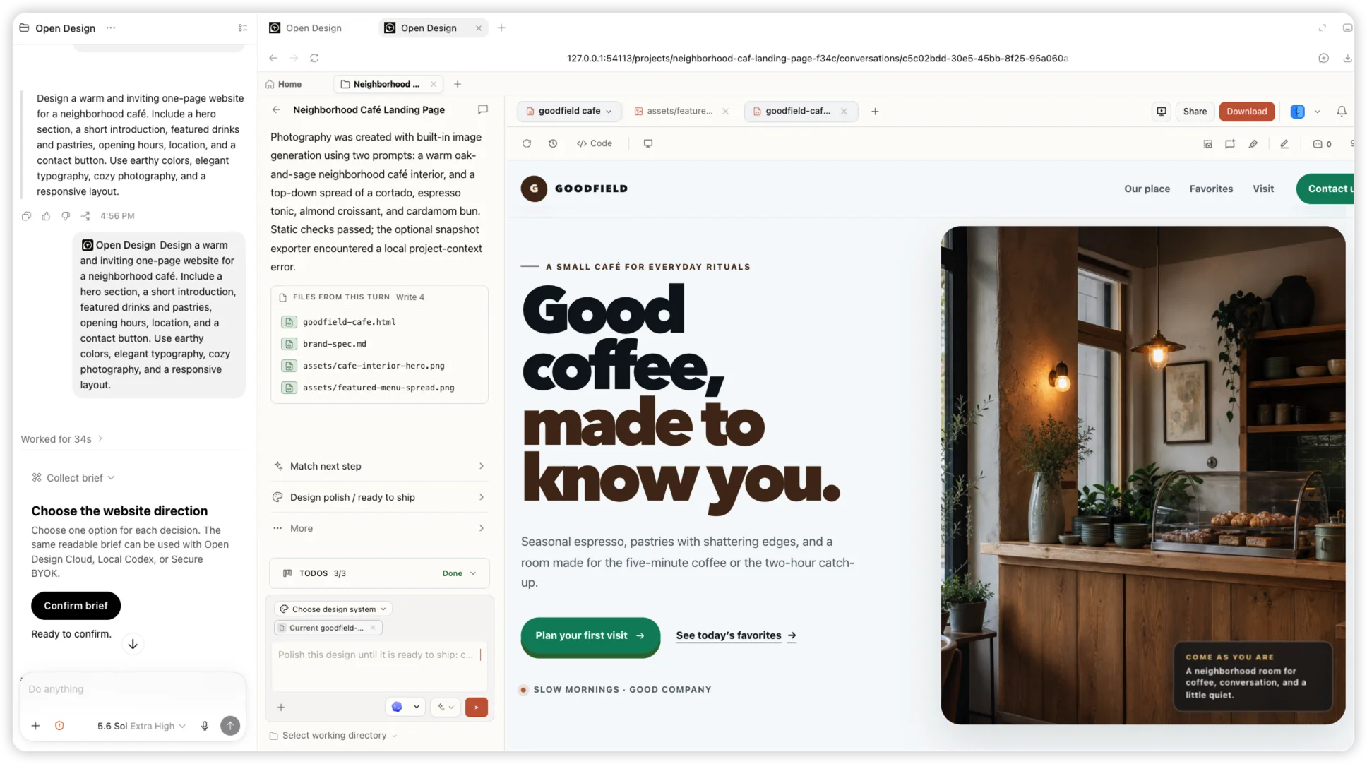 Tamamlanan Goodfield kafe web sitesiyle birlikte OpenDesign eklentisinin kullanıldığı gerçek bir Codex görevi