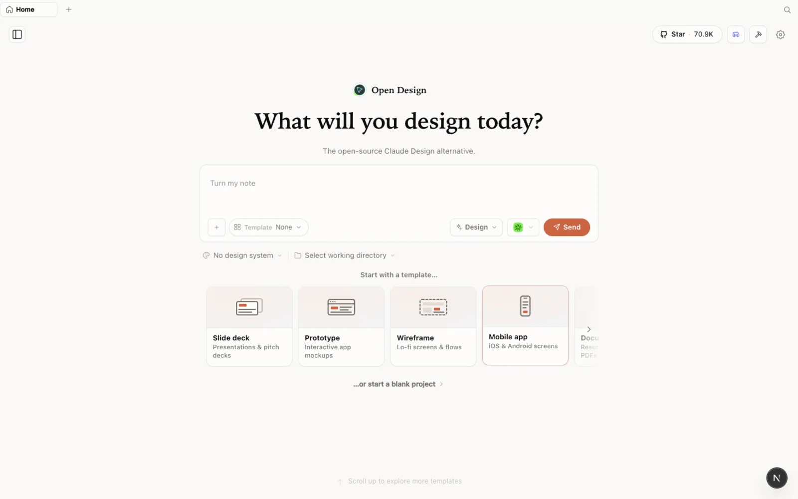 The OpenDesign home page — an open-source, local, agent-native Claude Design alternative.